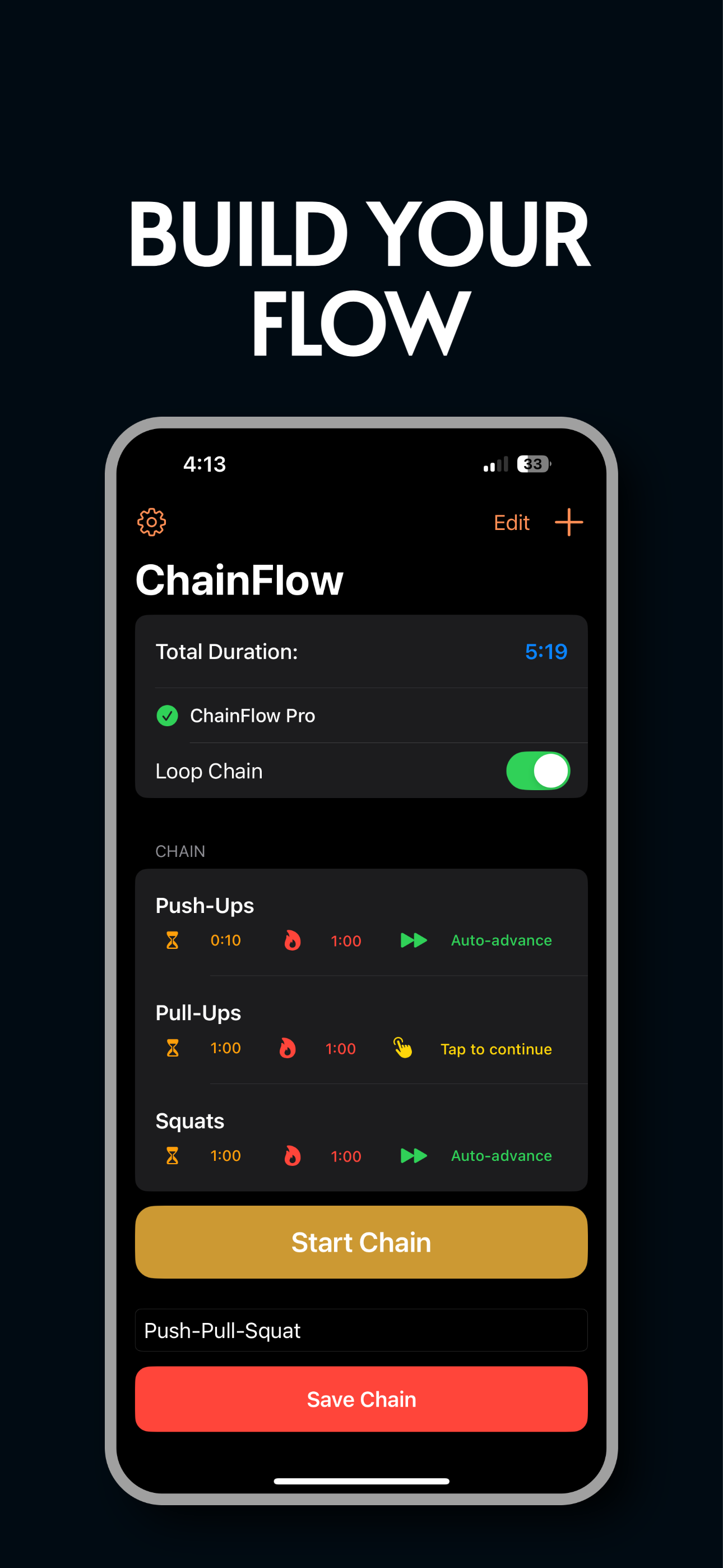 Building a workout chain in ChainFlow with setup, work and rest set for each interval