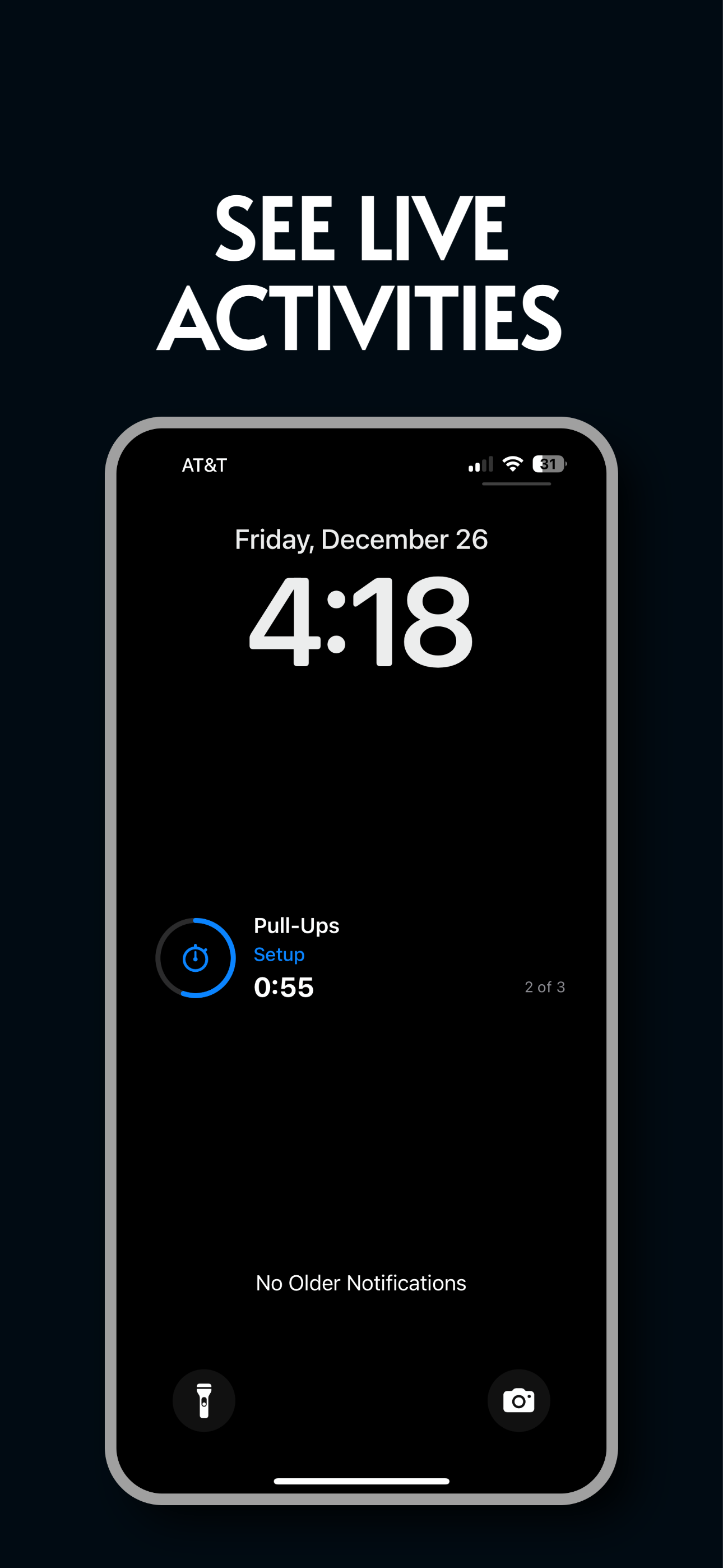 ChainFlow Live Activity on the iPhone lock screen showing the current interval and progress