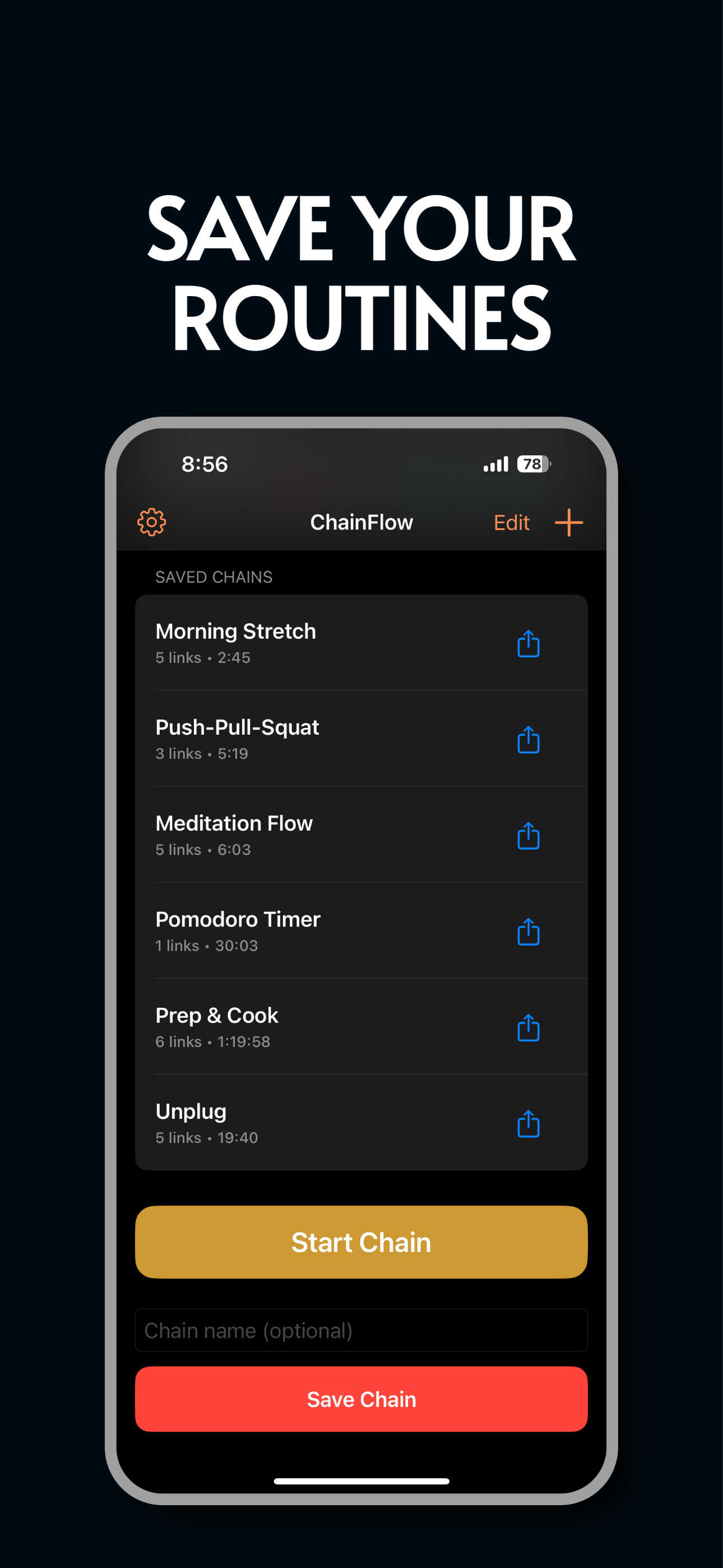 ChainFlow library of saved routines including stretch, meditation, Pomodoro and cooking