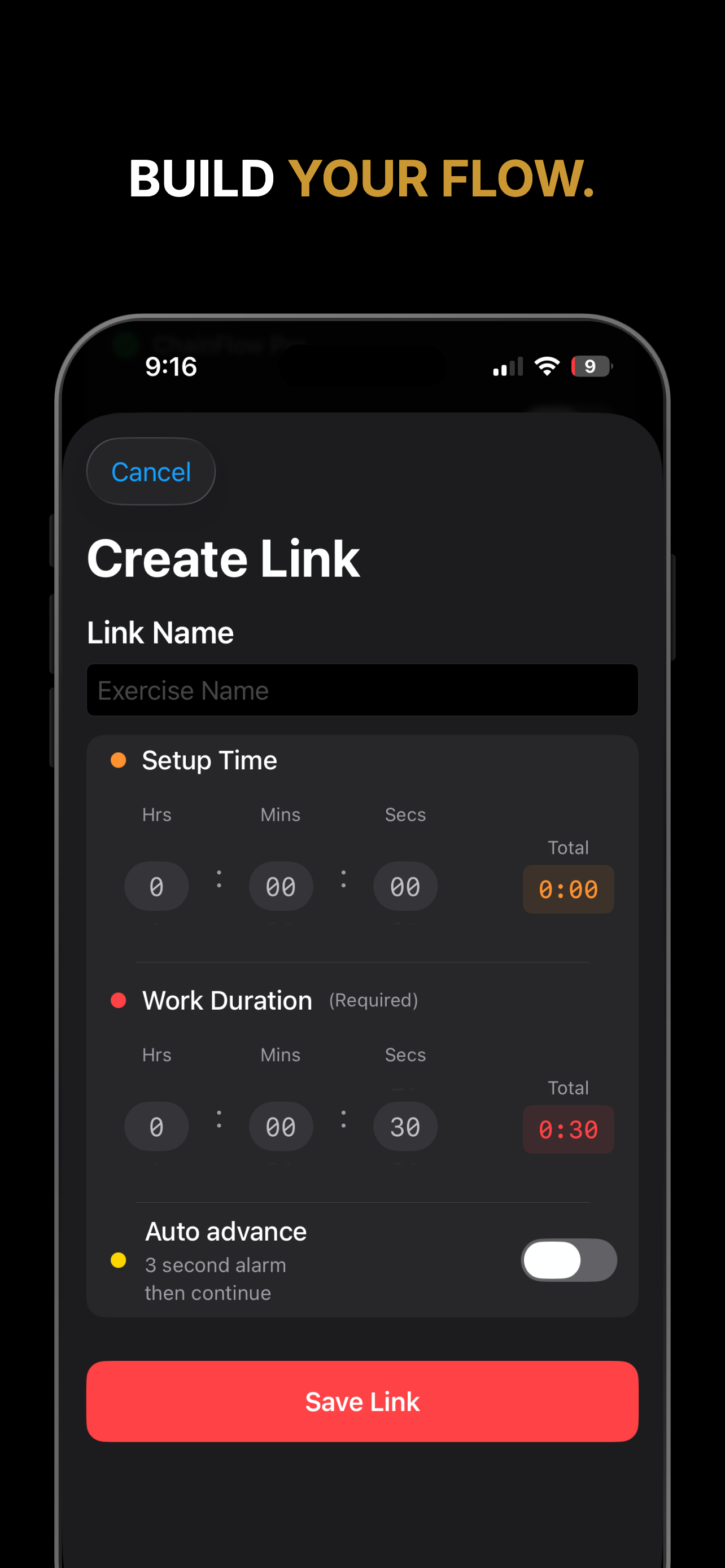 ChainFlow's built-in template picker, showing the Pomodoro focus/break routine