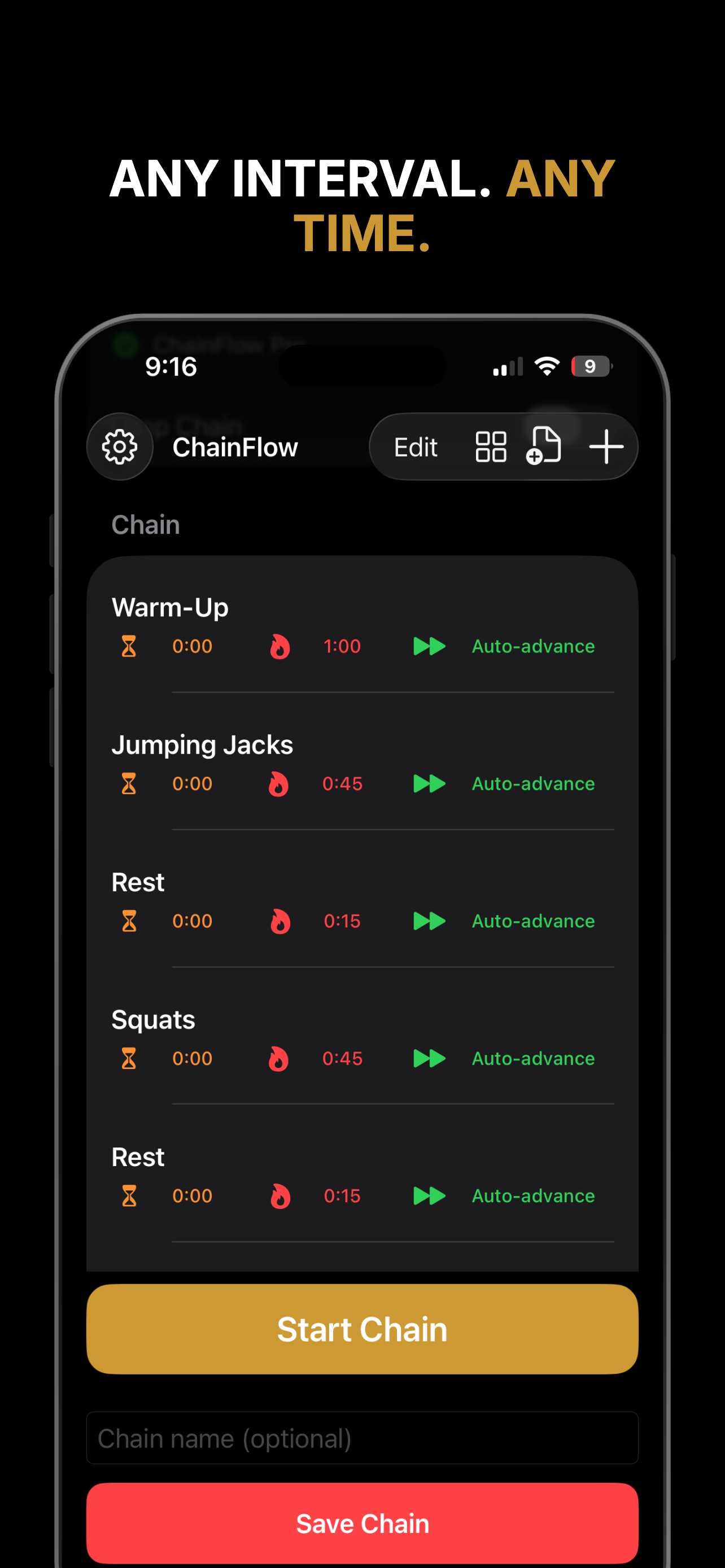ChainFlow chain builder showing a Warm-Up, Jumping Jacks, Rest and Squats with different durations