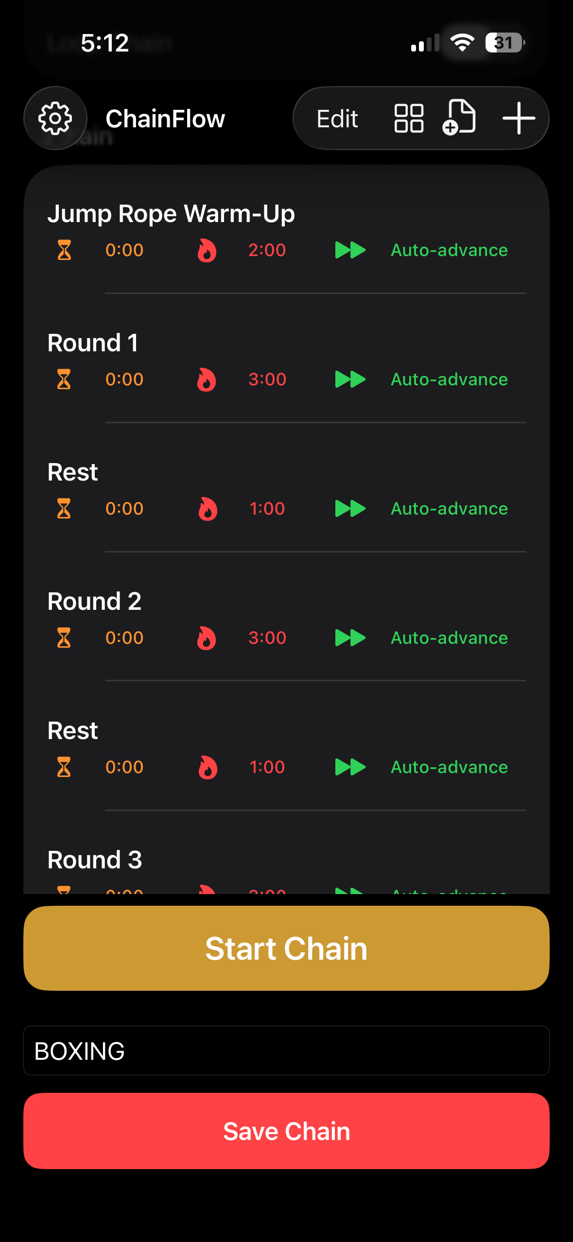 ChainFlow chain builder showing Jump Rope Warm-Up, Round 1, Rest and Round 2 for a boxing session
