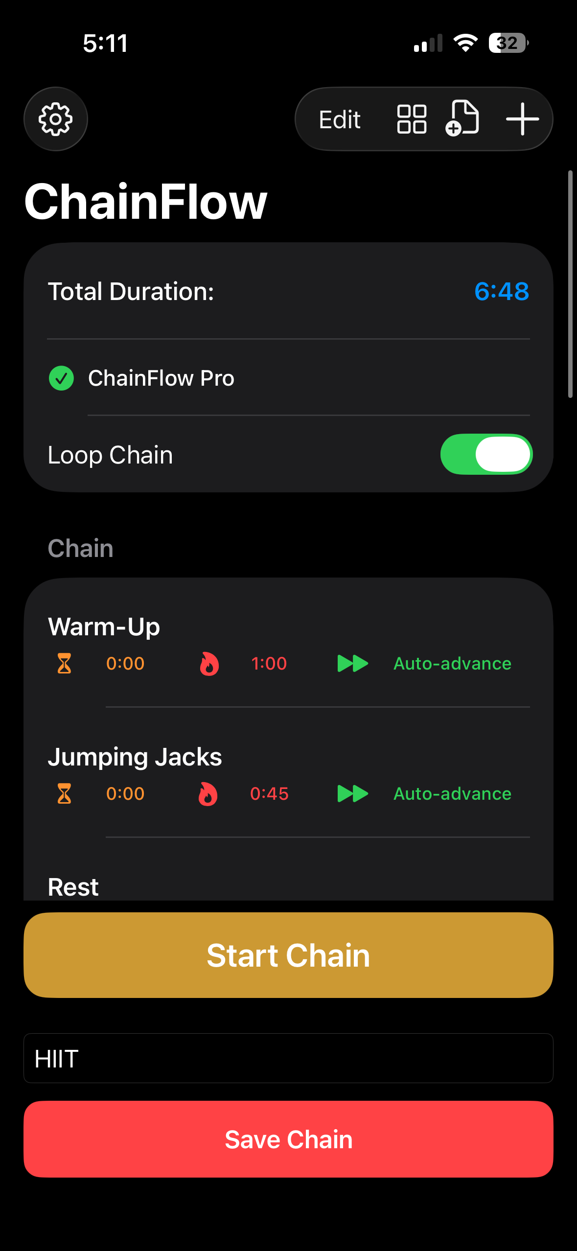 ChainFlow chain builder showing a HIIT circuit with Warm-Up and Jumping Jacks, looping enabled