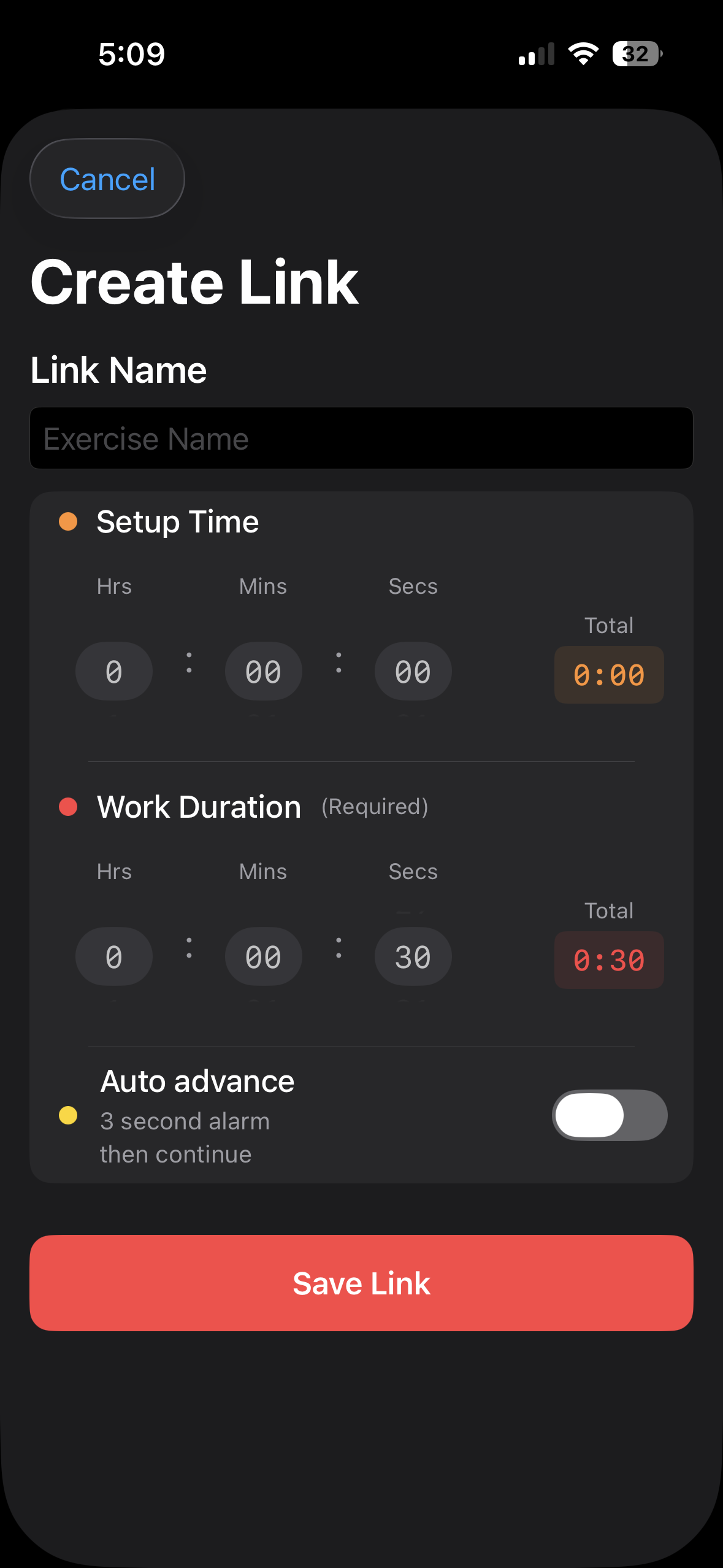 Creating a new link in ChainFlow with name, setup time, and work duration fields