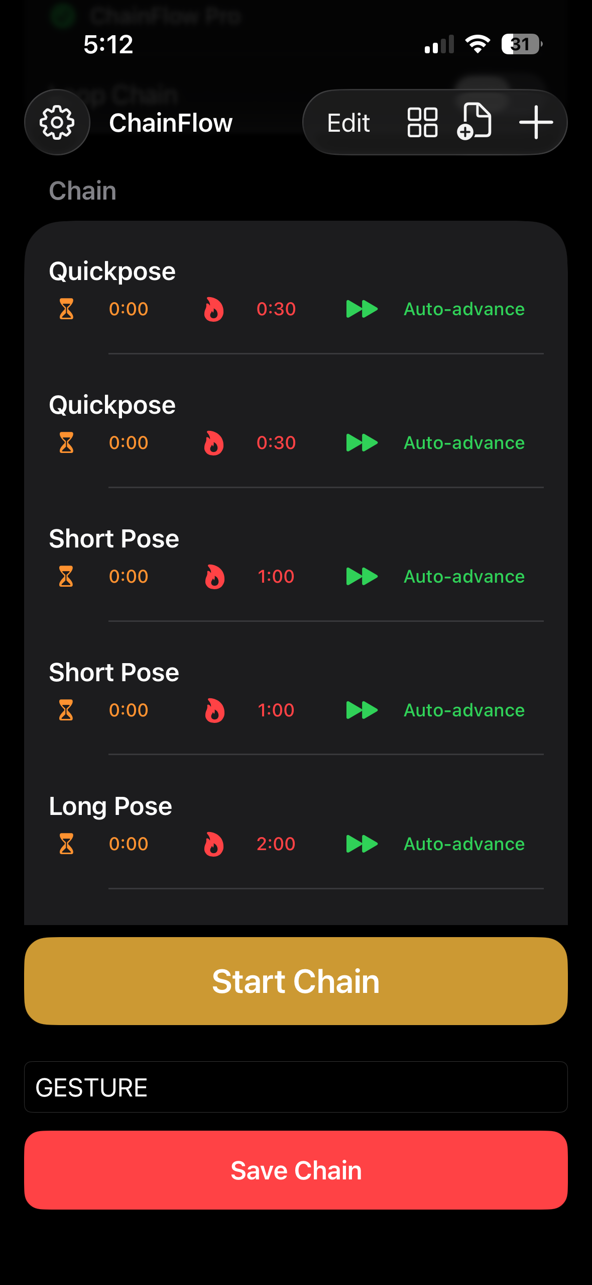 ChainFlow chain builder showing Quickpose, Short Pose and Long Pose gesture drawing intervals