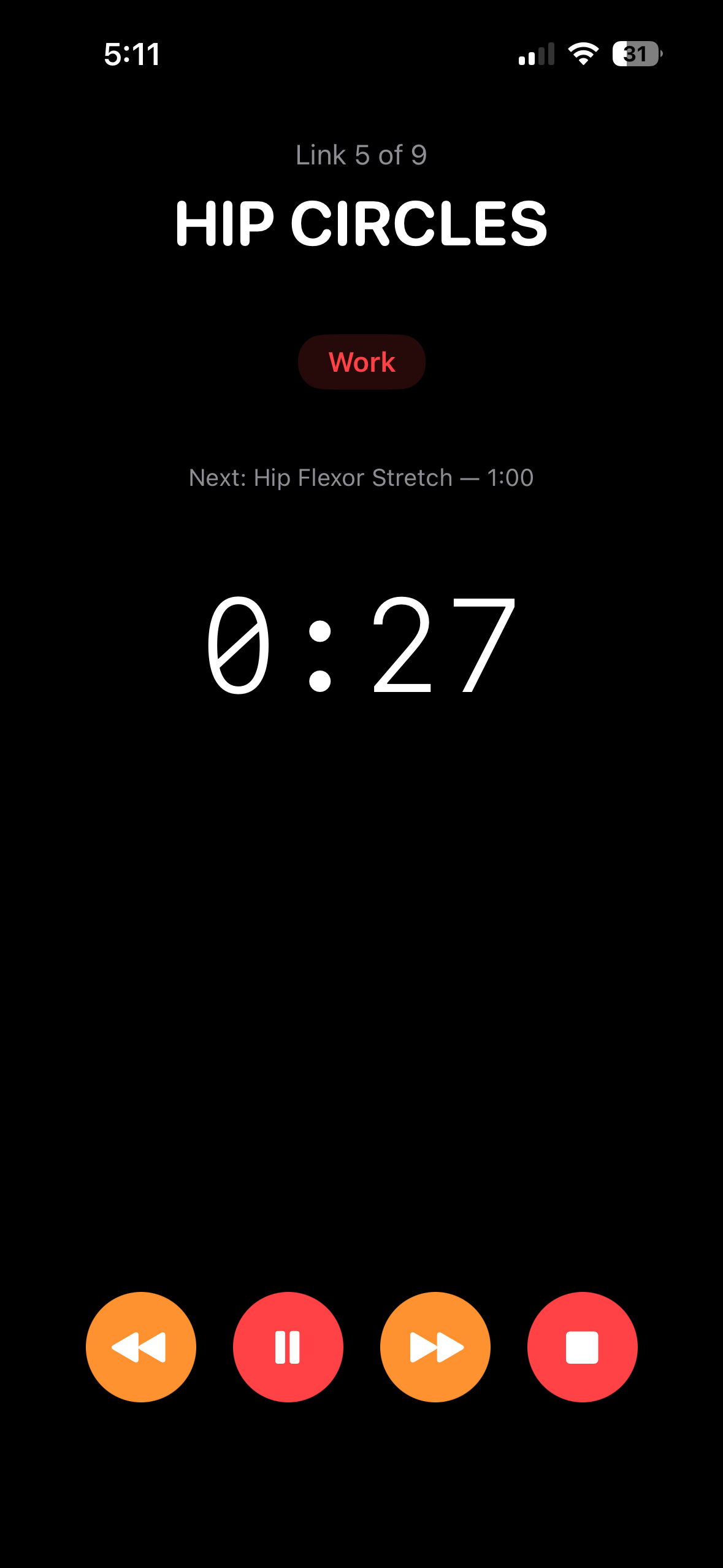 ChainFlow running a Hip Circles interval, link 5 of 9, with Next: Hip Flexor Stretch shown below the countdown