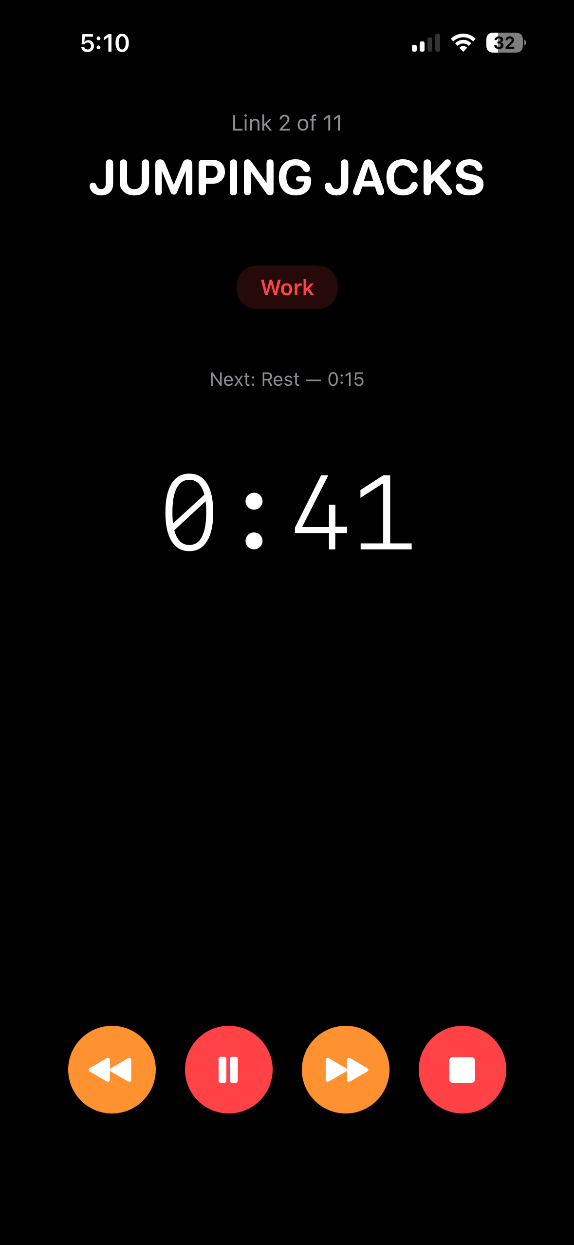 ChainFlow running a Jumping Jacks interval, link 2 of 11, with Next: Rest shown below the countdown